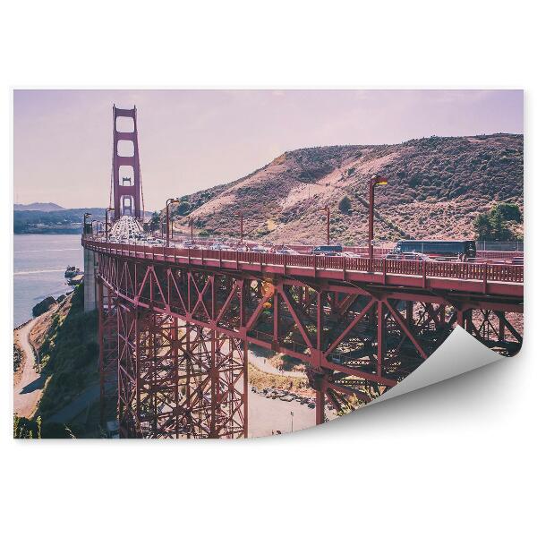 Fototapet vintage Golden Gate San Francisco Munți Iarbă Ocean Plajă Apus De Soare Pod Mașini