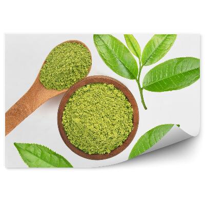 Fototapet vintage Frunze de ceai praf lingura fundal alb