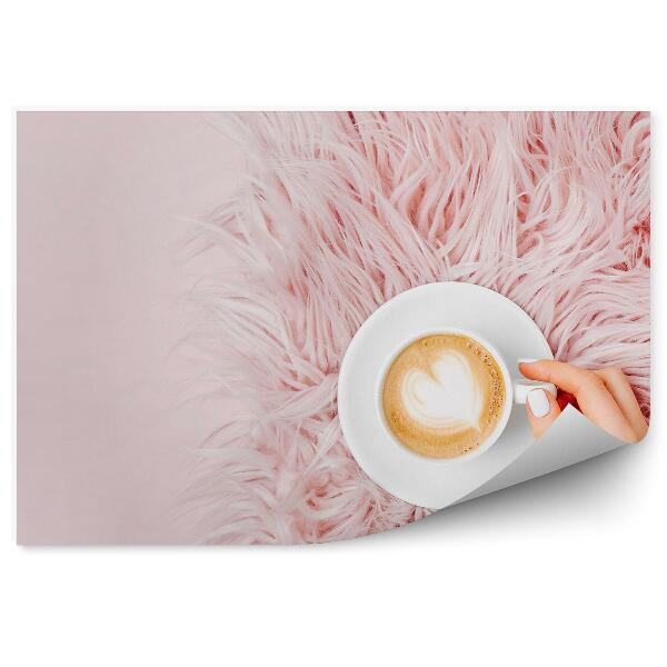 Fototapet Mână feminină ceașcă de cafea spumă pernă roz fundal