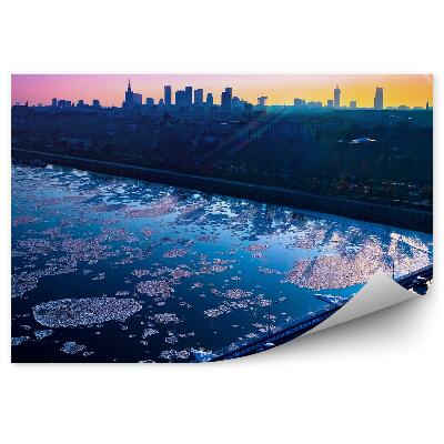 Fototapet Podul Fluviului Vistula Mașini Clădiri Apus De Soare Varșovia