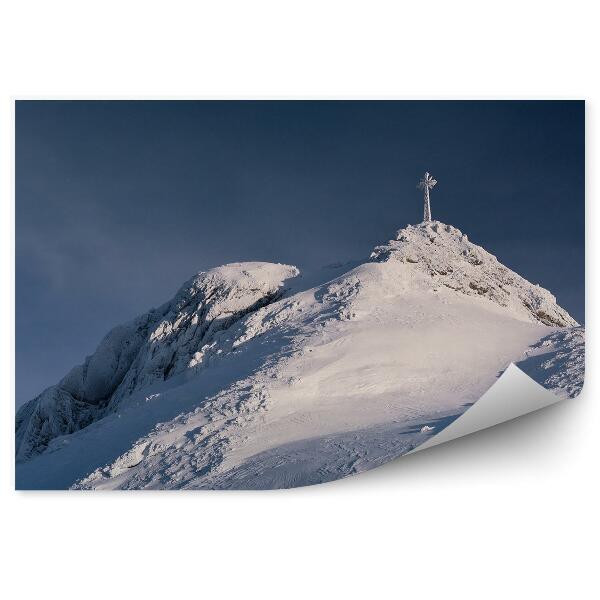Decor fototapet Vârful Giewont, Iarnă, Zăpadă, Cer, Munții Tatra, Cruce