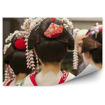 Fototapet vintage Costume de grup trei gheișe chimonouri machiaj oraș