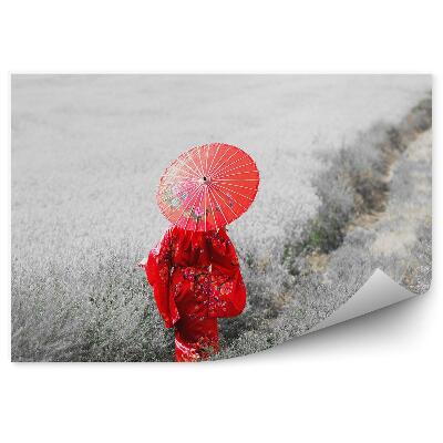 Fototapet pentru perete Femeie în kimono cu umbrelă pe calea câmpului