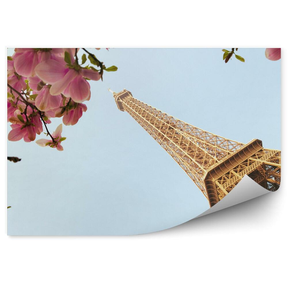 Fototapet vintage Copac în floare de magnolie Paris Turnul Eiffel