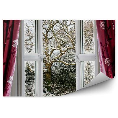 Fototapet perete Perdea de fereastră deschisă și copaci înzăpeziți