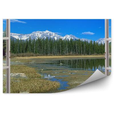 Fototapet vintage Pădure cu pomi de Crăciun fereastră deschisă vedere munte