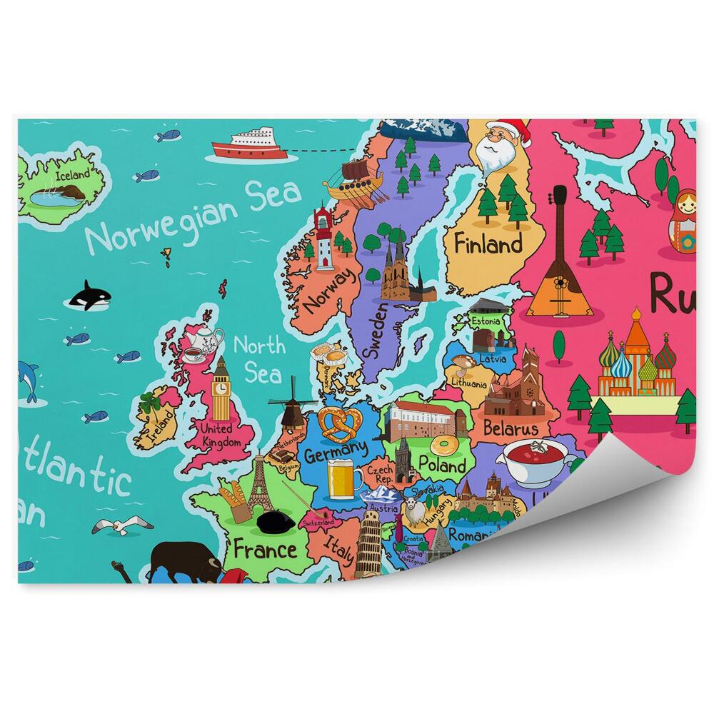 Fototapet vintage Hartă colorată a simbolurilor Europei desene