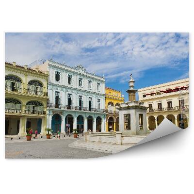 Fototapet vintage Panorama Clădirilor Orașului Vechi Fântână Havana Cuba Pietre De Pavaj