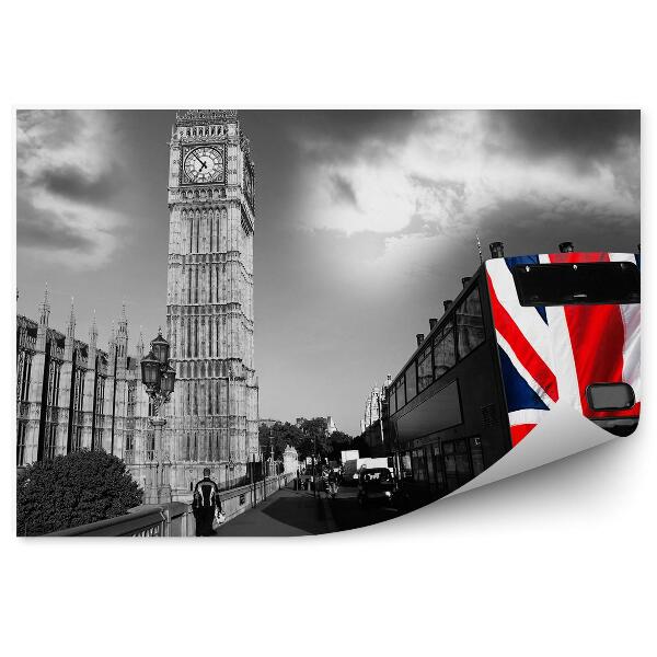 Fototapet Fotografie alb-negru a autobuzului orașului Londra steagul Big Ben