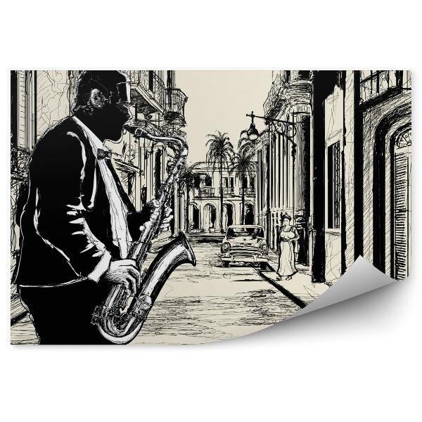Fototapet vintage Saxofonist Pe Strada Din Kuba