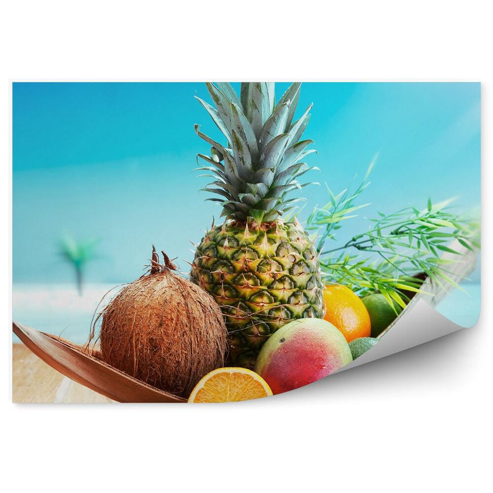 Fototapet Masa din lemn fructe tropicale nuca de cocos avocado mango