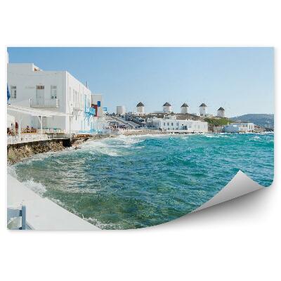 Decor fototapet Morile de vânt Grecia fluturează orașul clădirilor albe