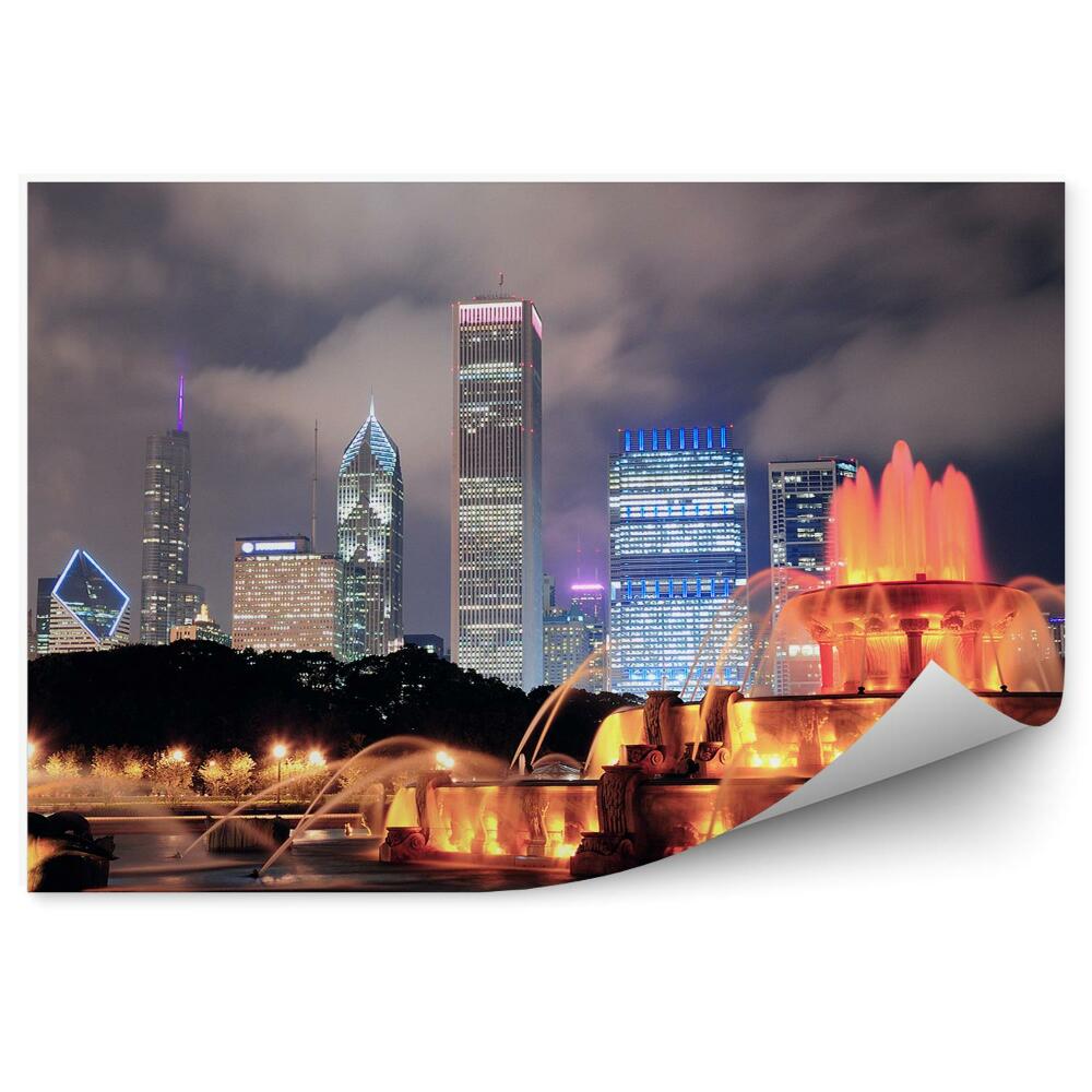 Fototapet vintage Fântână Colorată Copaci Zgârie-Nori Lumini Noapte Chicago