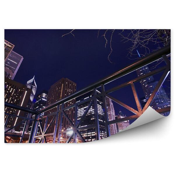 Fototapet Zgârie-Nori De Pe Malul Râului Chicago Luminează Copac