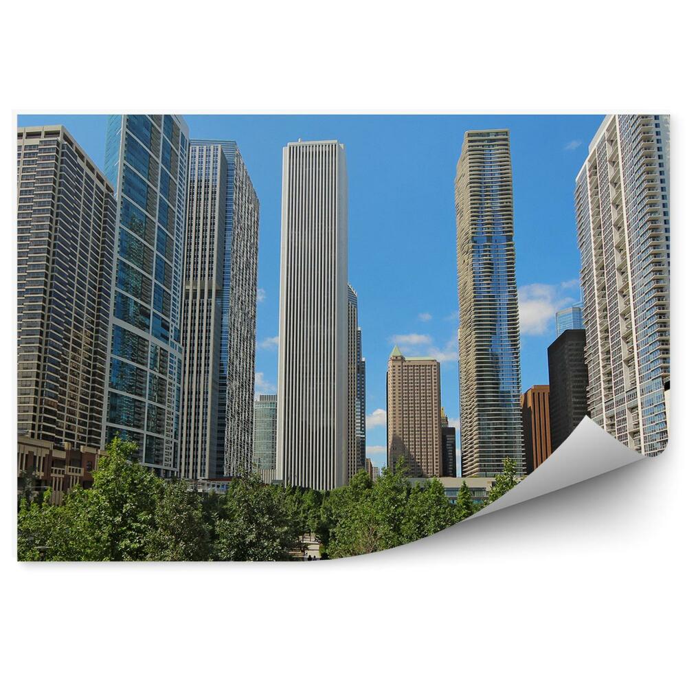 Fototapet vintage Zgârie-Nori Centrul Orașului Chicago Copaci Fântână Cer Nori