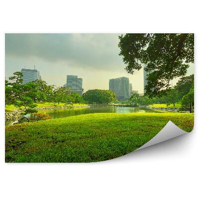 Fototapet vintage Grădina Copaci Clădiri Oraș Râu