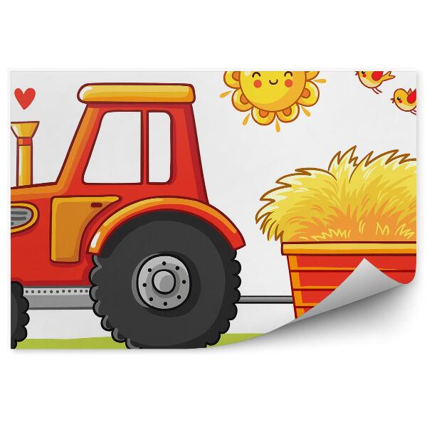 Decor fototapet Grafică adorabilă a unui tractor cu o remorcă pentru păsări soare