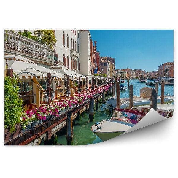 Fototapet perete Vedere Veneția, flori, plante, bărci, albastru