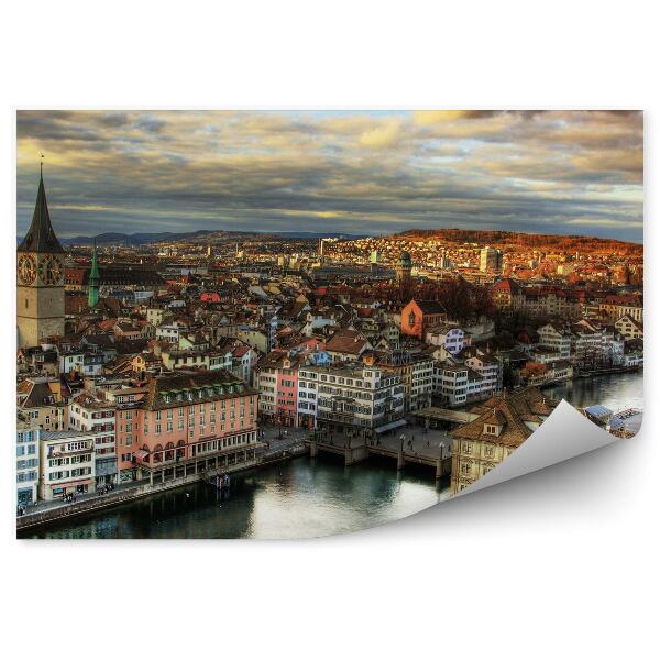 Fototapet vintage Orașul Zurich Panoramă Clădiri Biserică Râu Cer Nori
