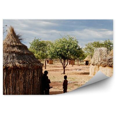 Fototapet vintage Sate Himba Copaci Cer Nori Case Africane