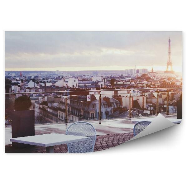 Fototapet pentru perete Vedere A Terasei Însorite Restaurant Paris Turn Eiffel Clădiri Cer Nori