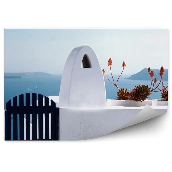 Fototapet vintage Flori Ocean Munti Zid Poarta Santorini Grecia