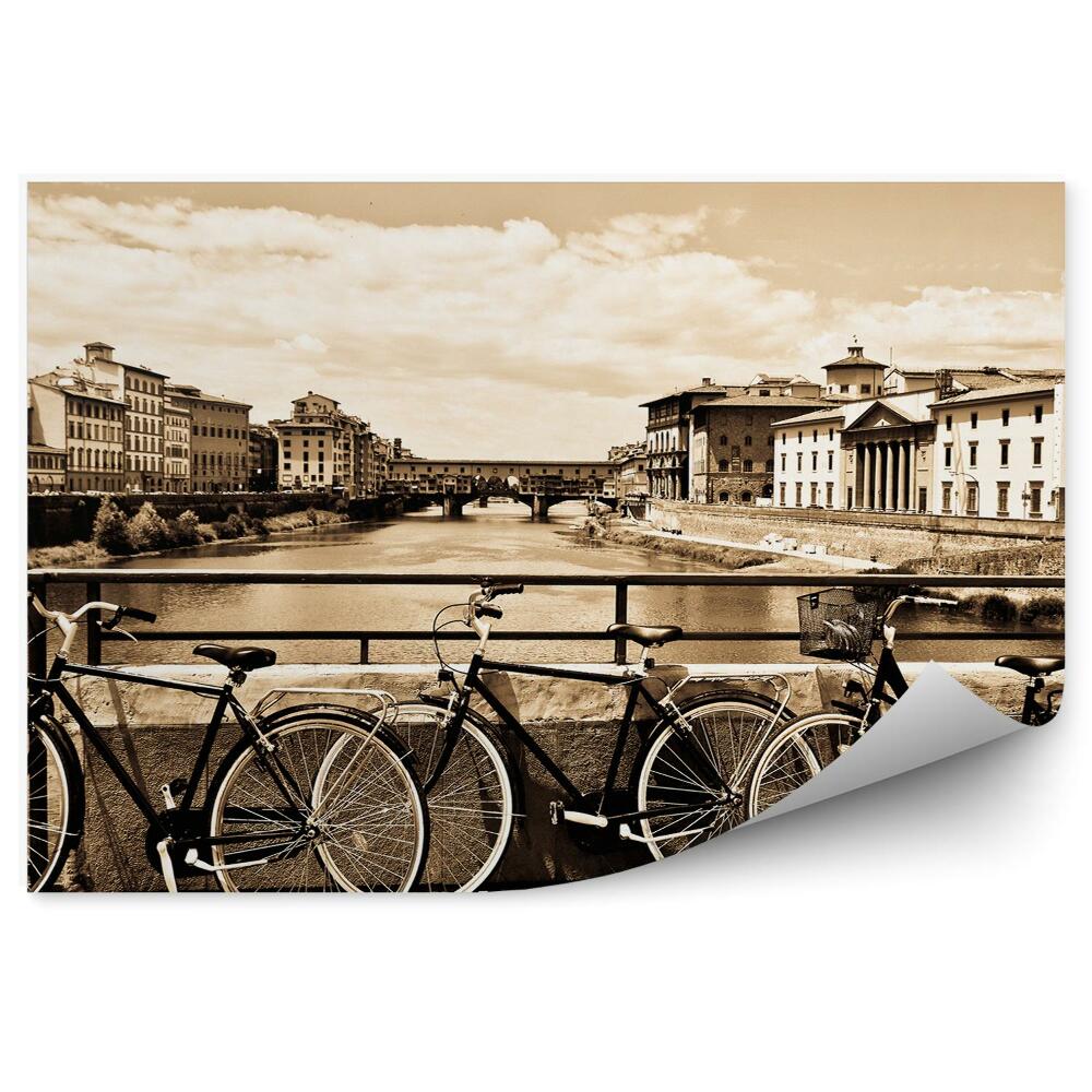 Fototapet perete Pod cu trei biciclete peste râul sepia