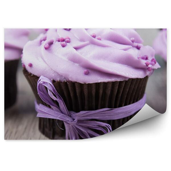 Fototapet perete Cupcakes cu fundita mov, frisca, lemne