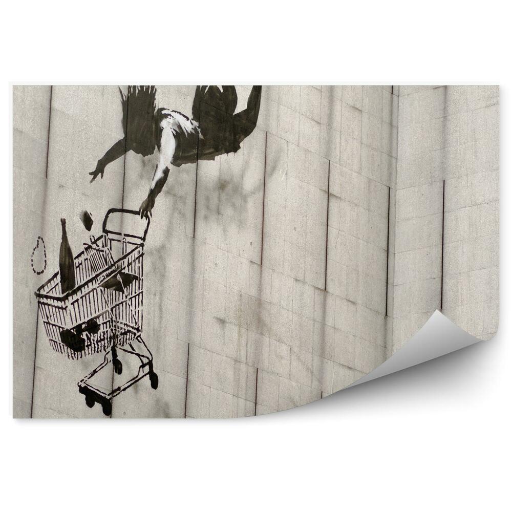 Fototapet Femeie Care Sare În Coș De Cumpărături Cu Graffiti Din Cărămidă