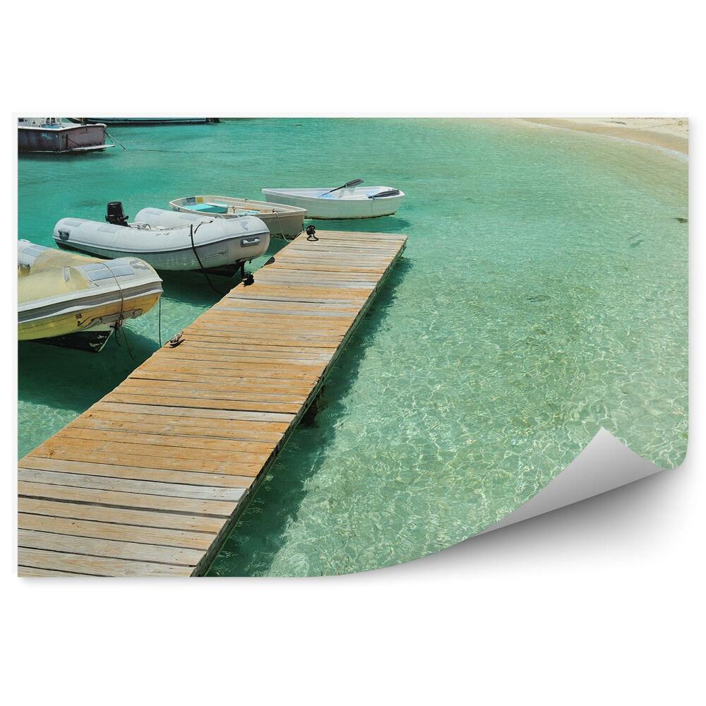 Fototapet vintage Pier Bărci Iahturi Pontoane Copaci Plante Plajă Ocean Mare