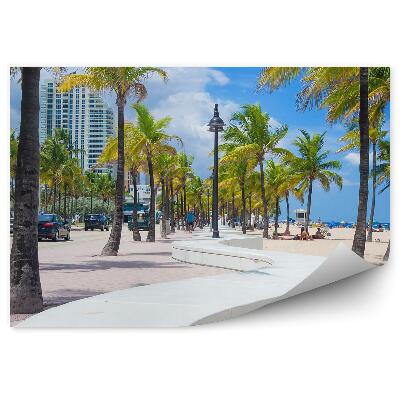 Fototapet Palmieri Zgârie-Nori Mașini Oameni Plajă Perete Jos