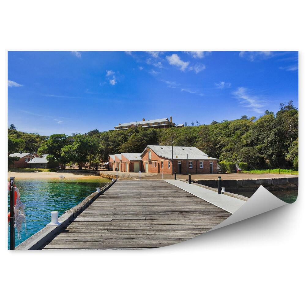 Fototapet pentru perete Pier, Colac De Salvare, Case, Copaci, Plajă, Lac, Cer, Nori