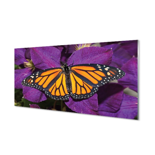 Tablou de sticlă Fluture Colorat Pe O Floare Violet