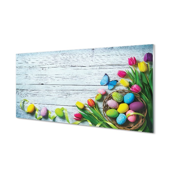 Tablou pe sticlă Ouă Colorate Cu Lalele Fluture