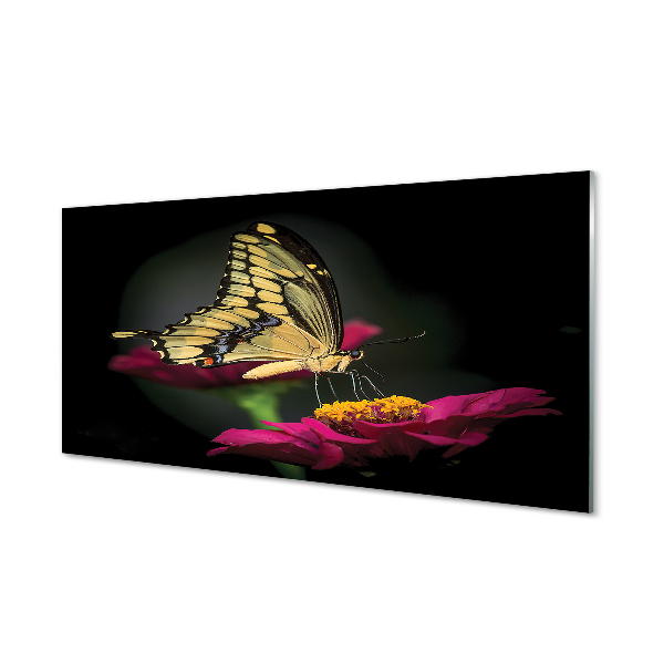 Tablou de sticlă Fluture Galben Pe O Floare Roz