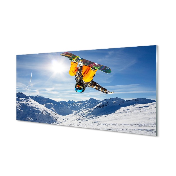 Tablou pe sticlă Snowboarderul Cascadorii Iarna