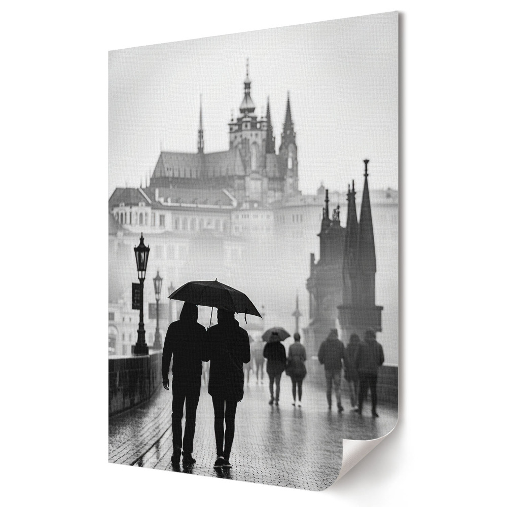 Grafică murală pe pânză O plimbare romantică în Praga ploioasă