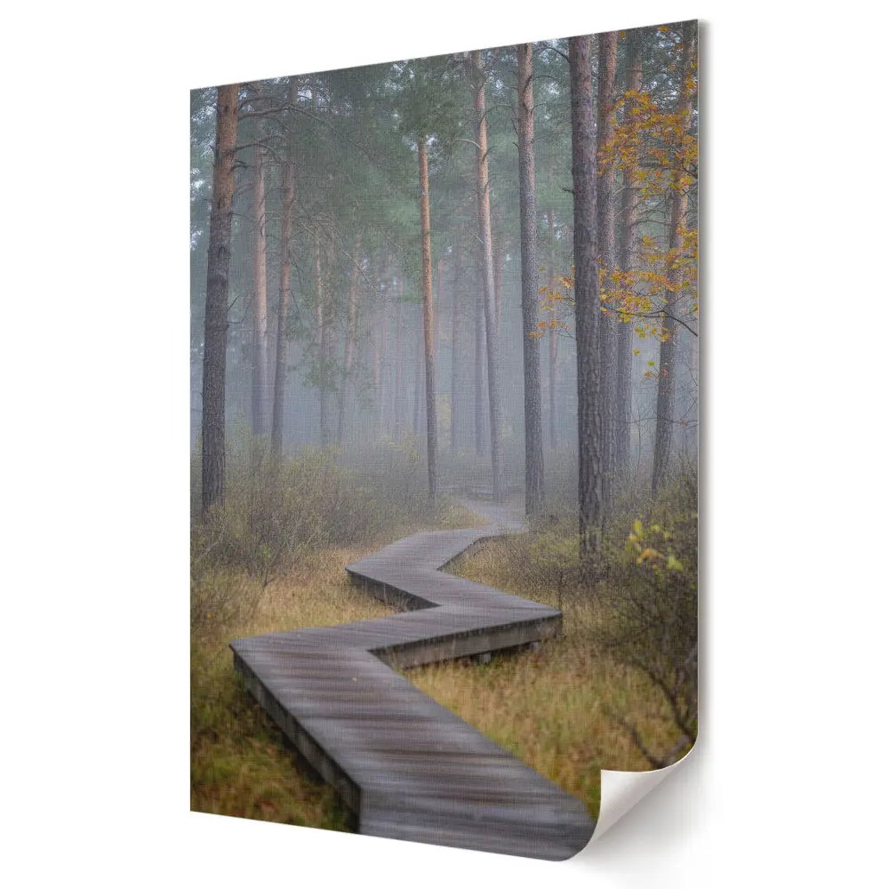 Tablou canvas cu grafică murală reprezentând curbele unei cărări într-o pădure învăluită în ceață