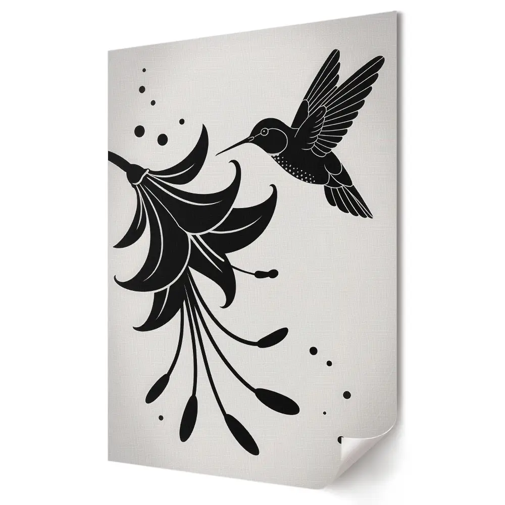 Tablou canvas cu grafică murală reprezentând un colibri și o floare în armonie