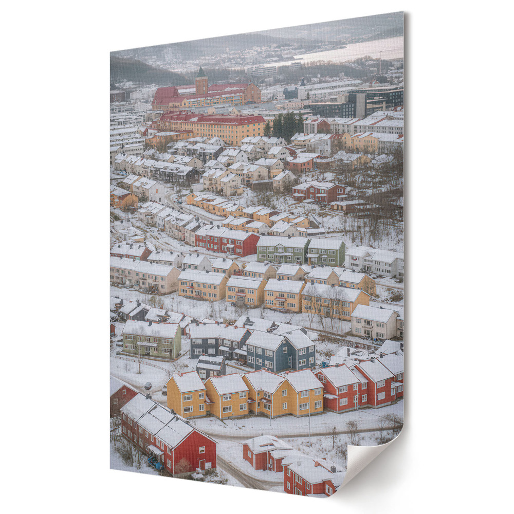 Grafică murală pe pânză Peisaj de iarnă cu case colorate