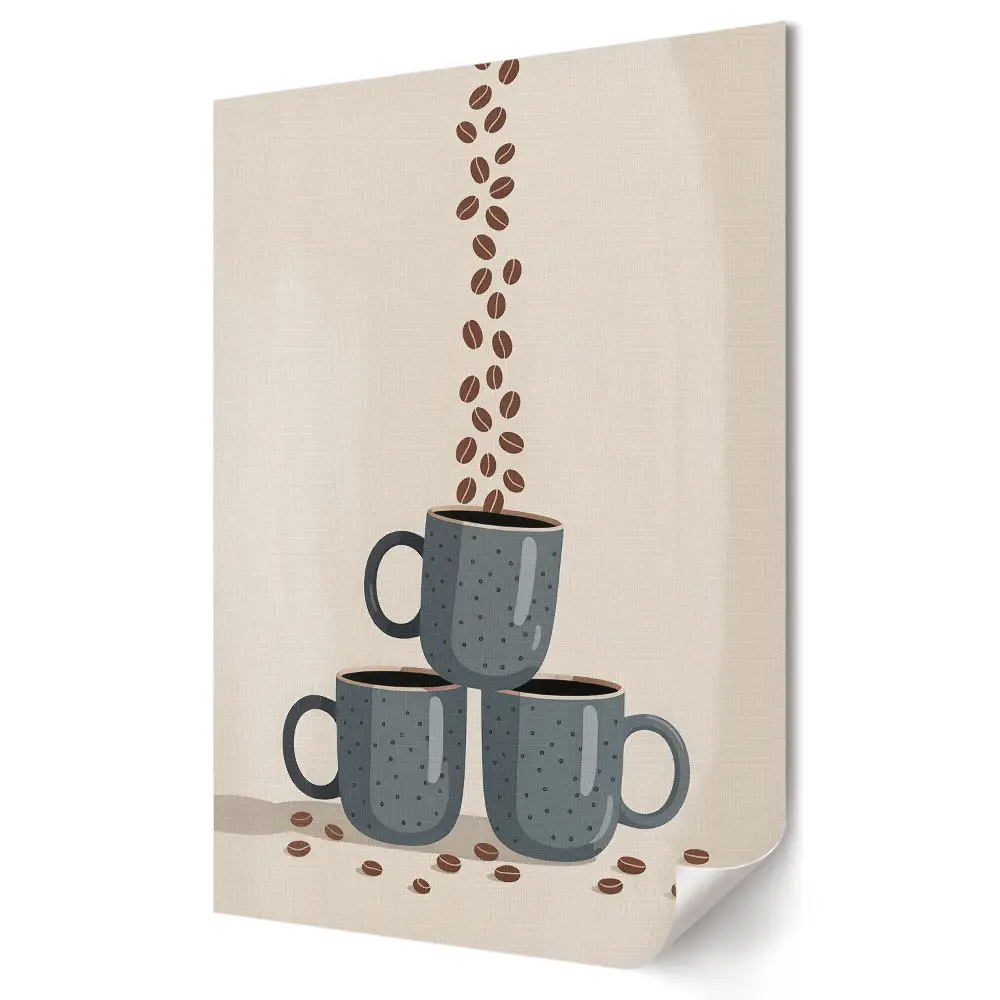 Poster decorativ cu trei cești de cafea și boabe