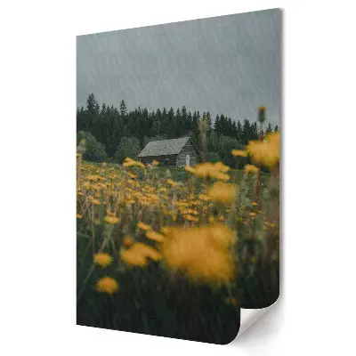 Tablou canvas cu grafică murală reprezentând flori aurii într-un peisaj ploios