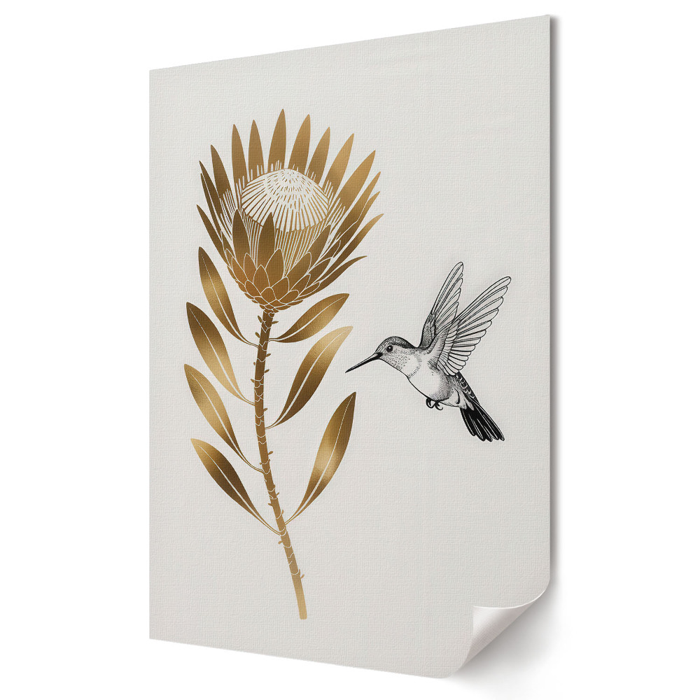 Poster de perete Flori aurii și o colibri în zbor