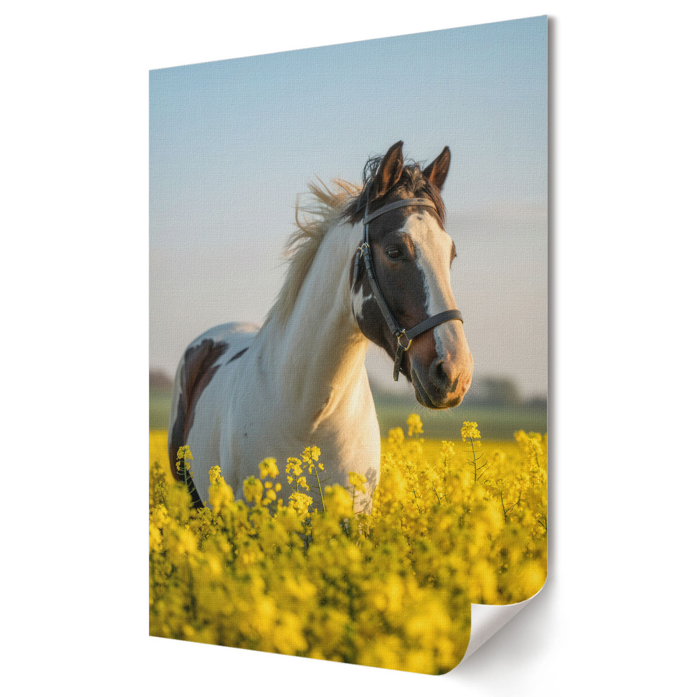 Grafică murală pe pânză Un cal printre flori galbene de rapiță