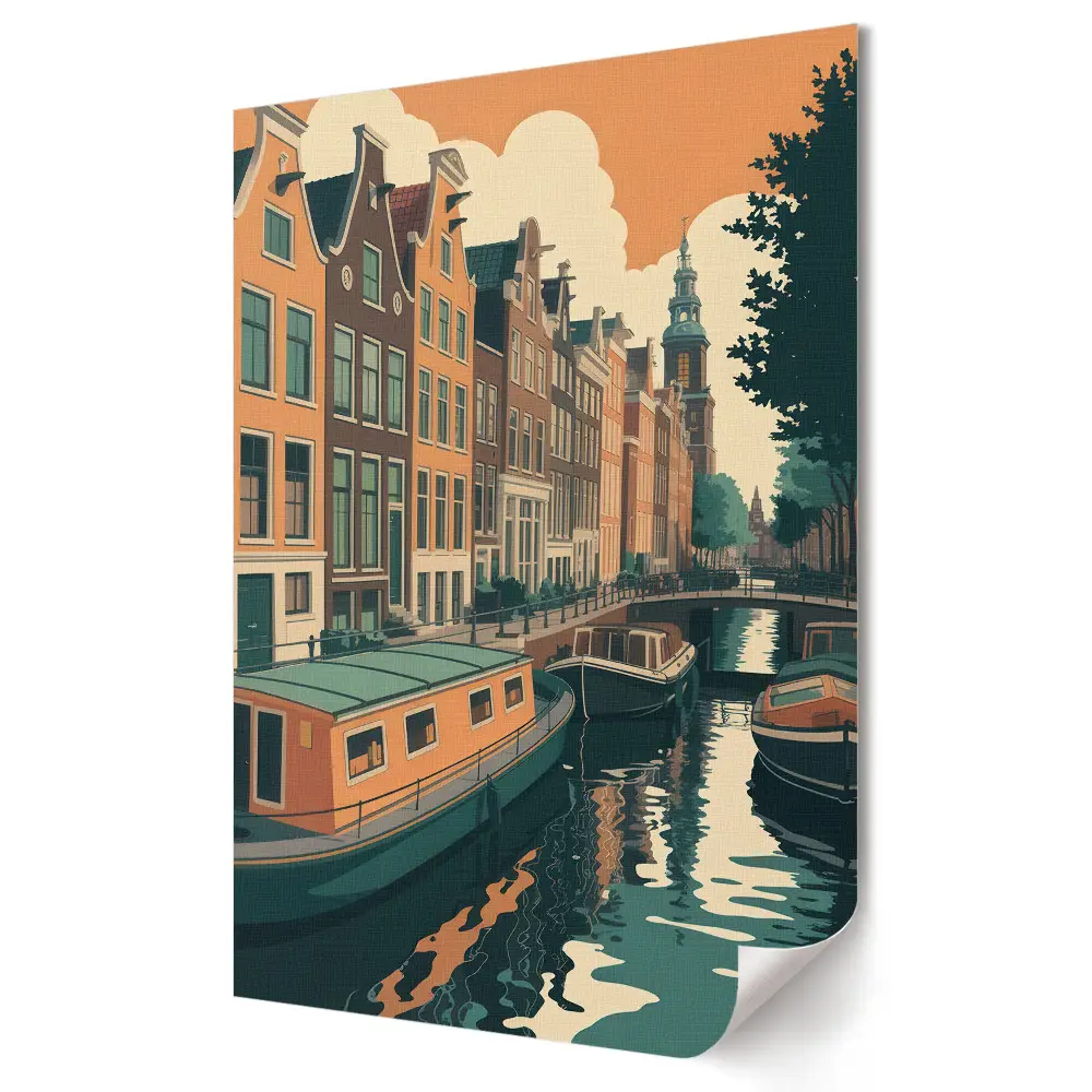 Poster decorativ cu canalele din Amsterdam la apus