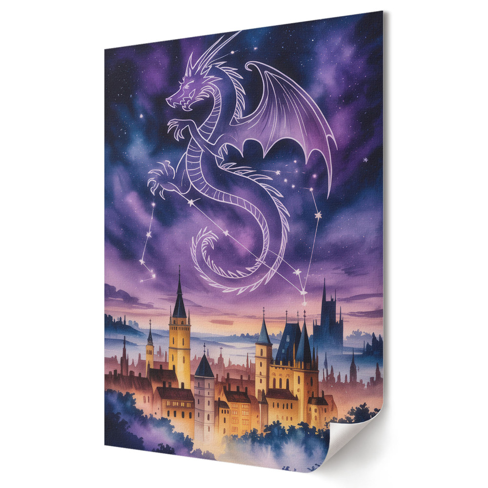 Grafică murală pe pânză Dragon peste orașul magic noaptea