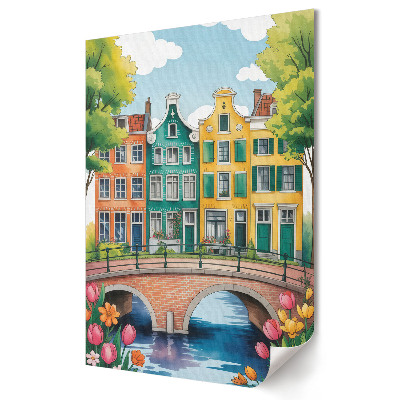 Grafică murală pe pânză Case de locuit colorate lângă canal