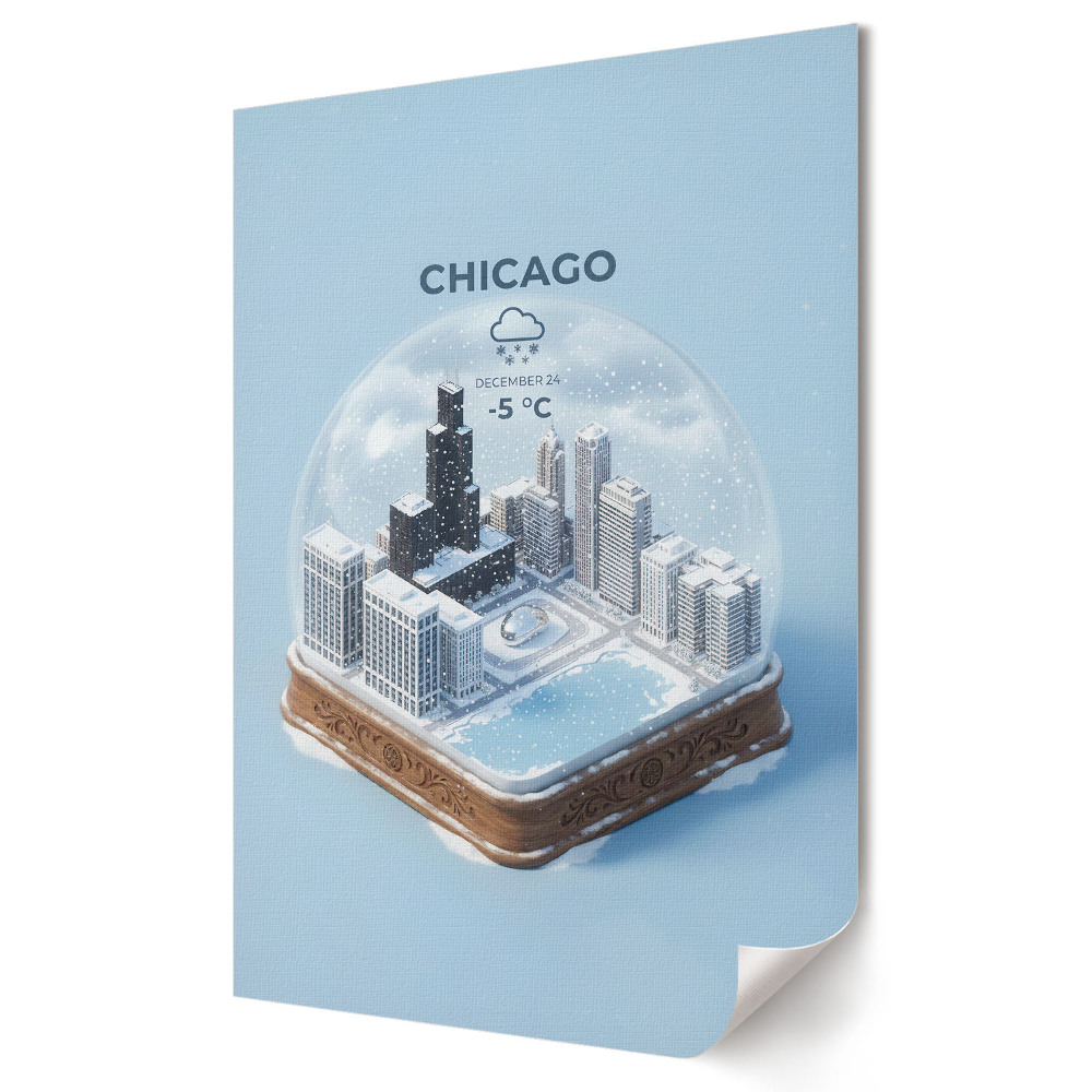Grafică murală pe pânză Panorama de iarnă a orașului Chicago într-un glob de sticlă