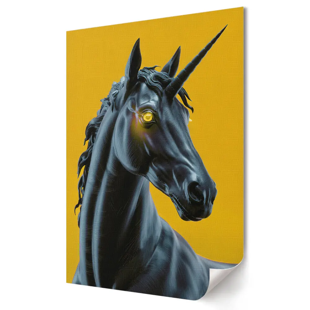 Tablou canvas cu unicorn negru pe fundal galben