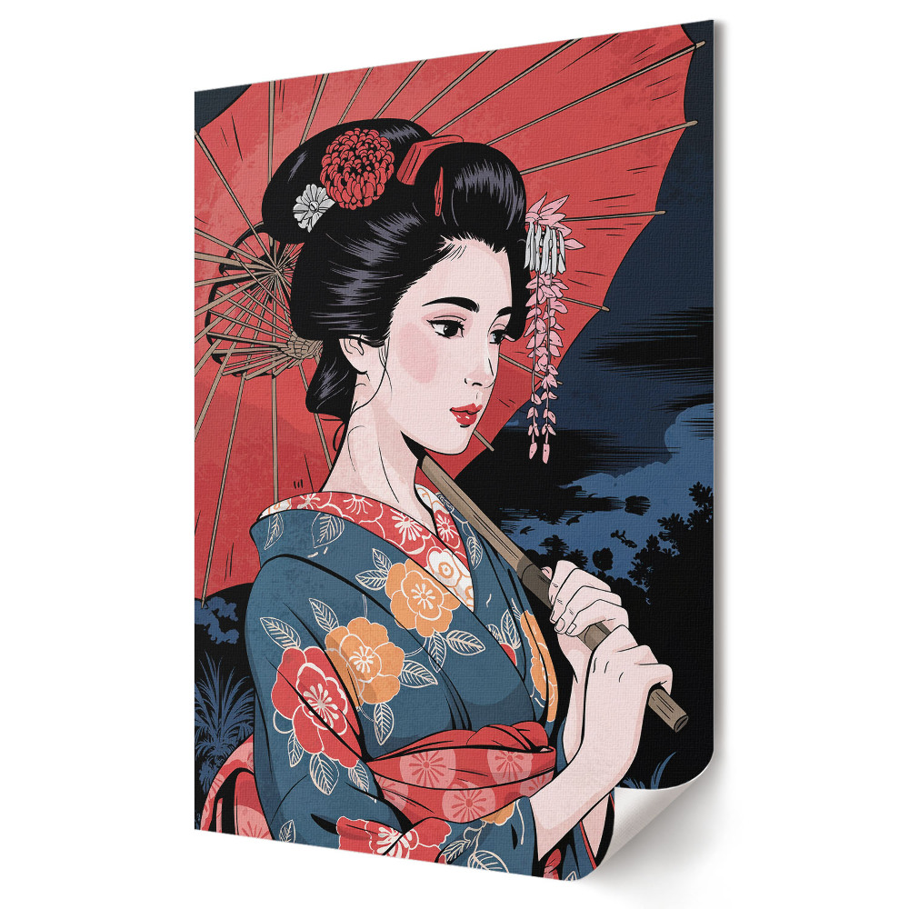 Poster decorativ Frumusețe japoneză cu o umbrelă noaptea